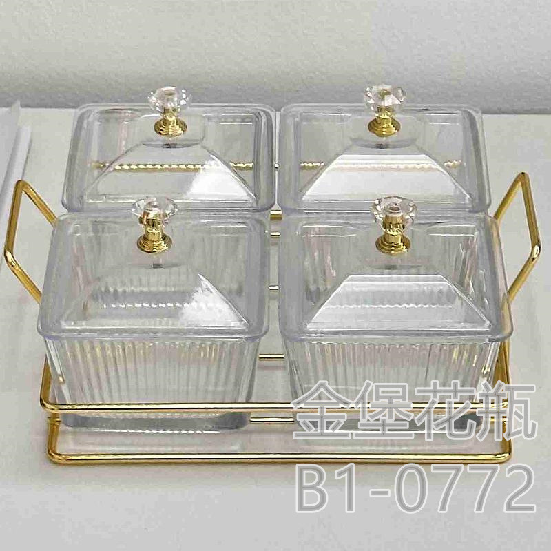 Glass divider fruit plate Commercial snack snack snack plate Bar bath foot club four bar plate with lid Golden castle vase seasoning box Specification drawing
