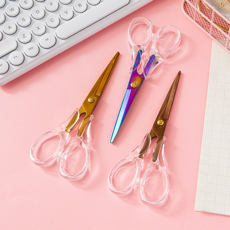 Cross border direct supply acrylic rose gold scissors transparent electroplating heavy industry office scissors student hand ledger diy cutting scissors Specification drawing