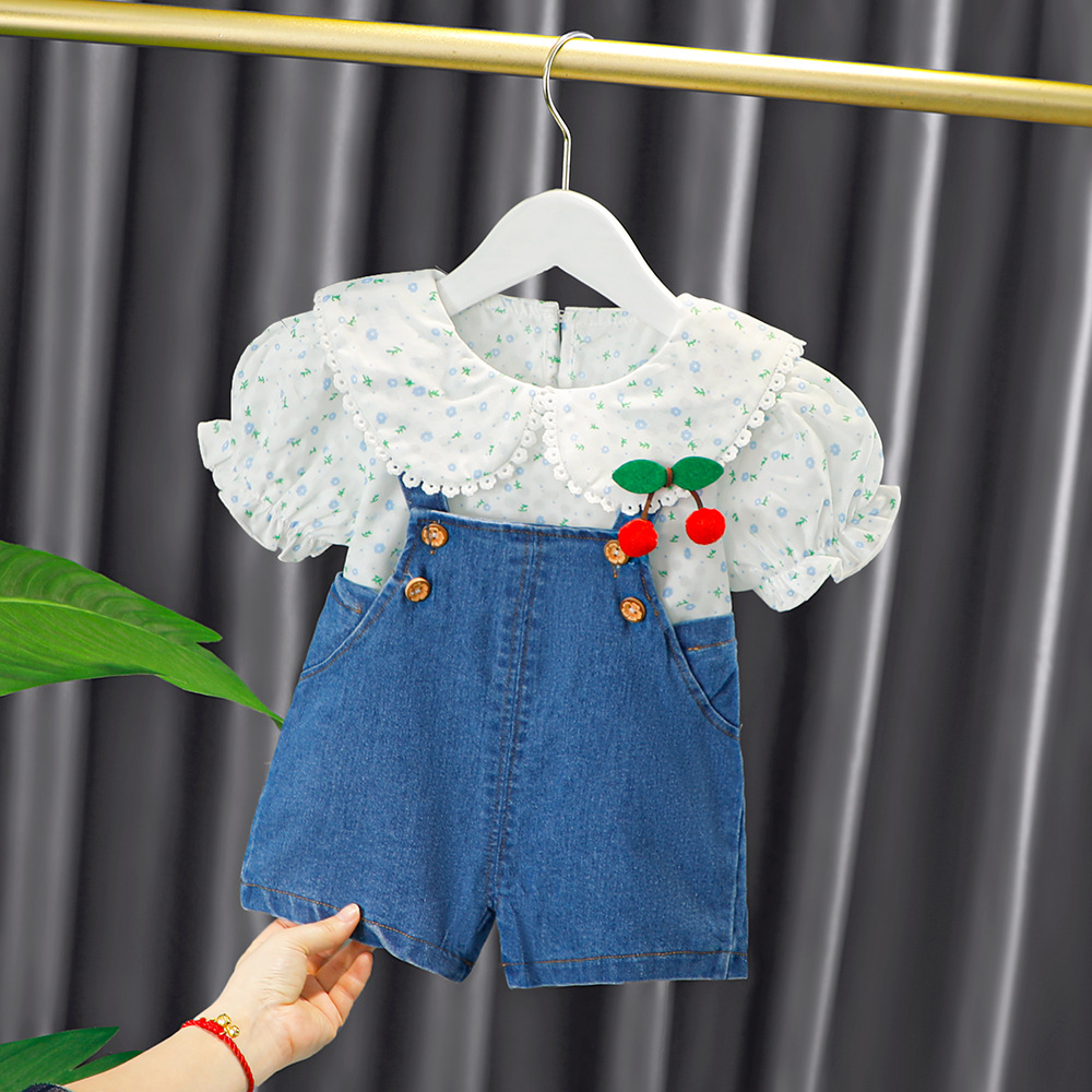 Summer new children's set, cross-border delivery of children's clothing, two-piece set of cute baby collar, shoulder strap shorts details Picture