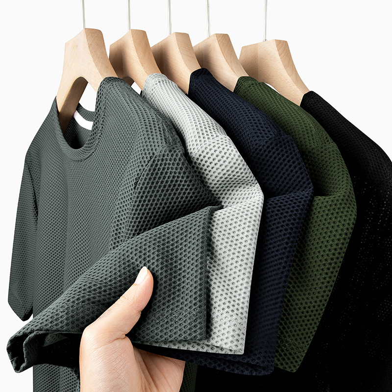 Quality ice silk cool mesh short-sleeved T-shirt 2025 new Men's summer breathable and quick-drying sport half-sleeved thin style