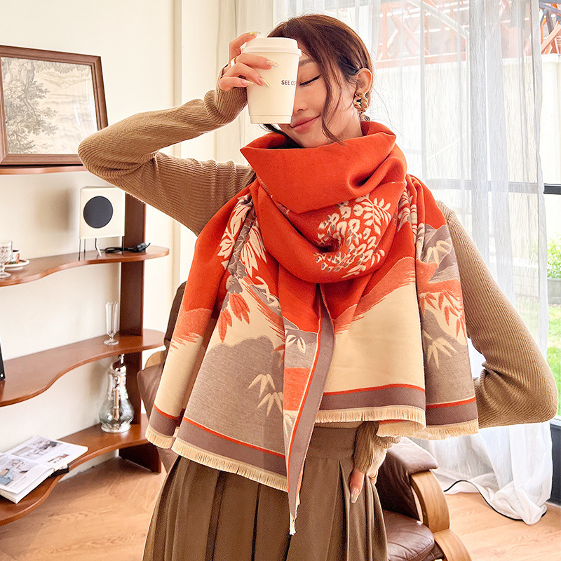 Autumn And Winter New Chinese Style Imitation Cashmere Scarf Women's Ink Painting Landscape Map Senior Sense Neck Thick Warm Shawl details Picture