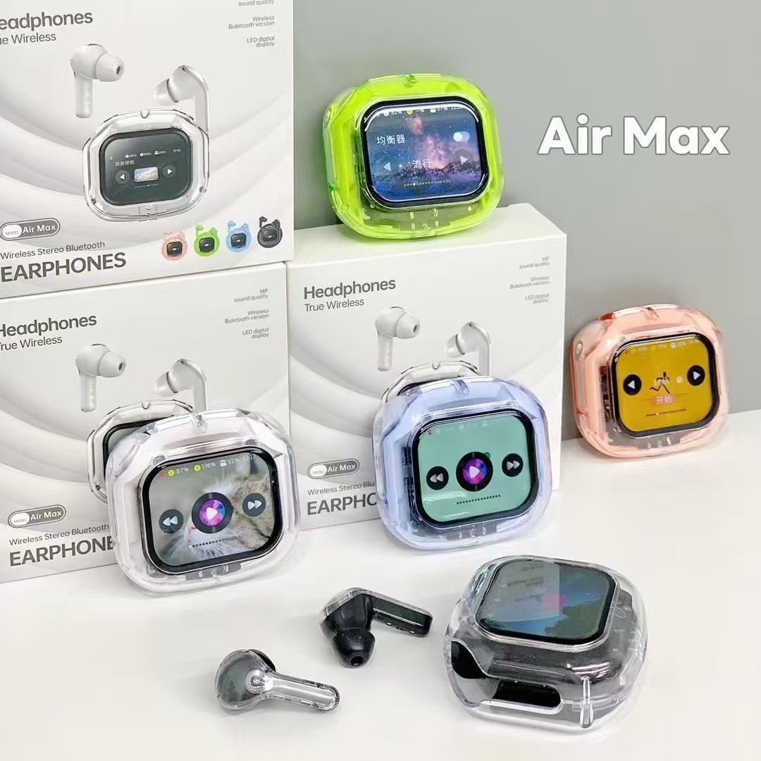 彩屏耳机Air Max蓝牙耳机透明款无线入耳式TWS触屏数显运动耳机