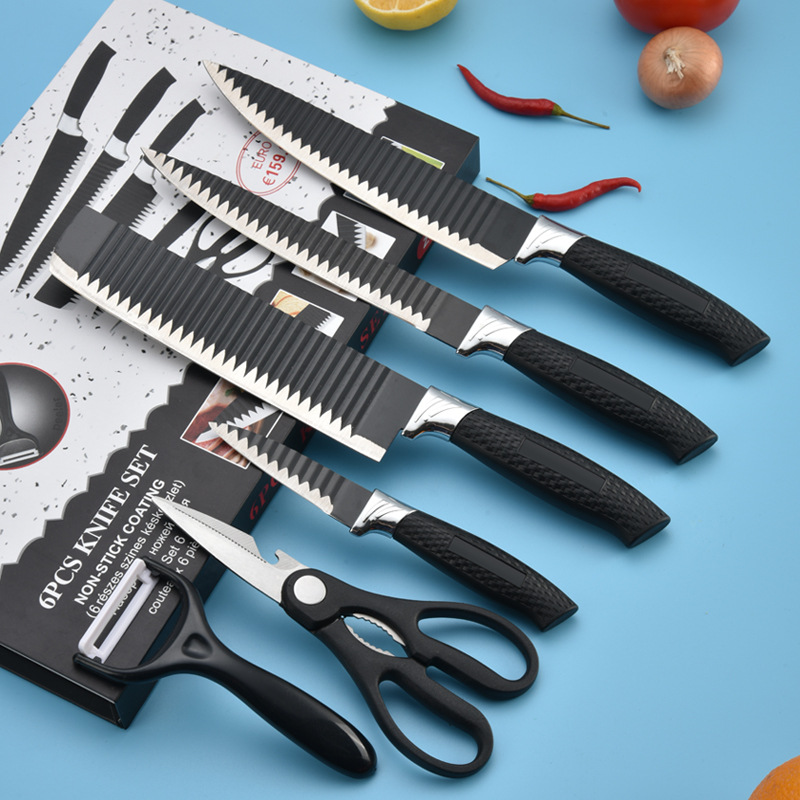 【现货】跨境网纹柄厨房套装刀具6件套套刀礼品刀具套装不锈钢刀