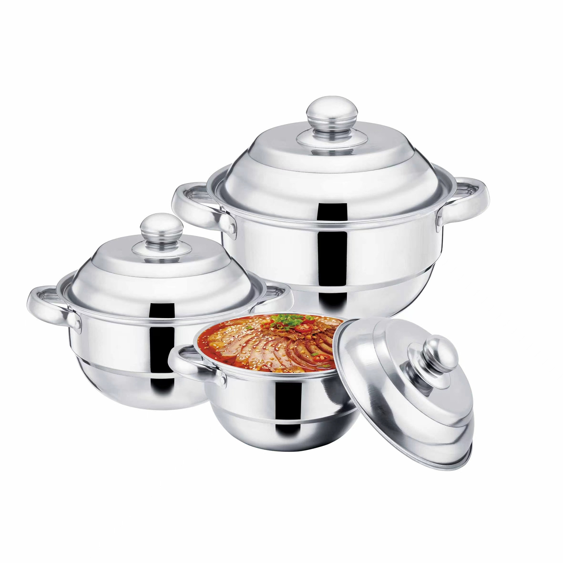 A set of three or four stainless steel pointed-bottom POTS, a household non-stick stew pot with a steel lid, a double-handle single-bottom soup pot, a noodle cooking pot, a soup pot, a stainless steel pot set, a cooking pot, a stew pot, a boiling pot, kitchenware Specification image