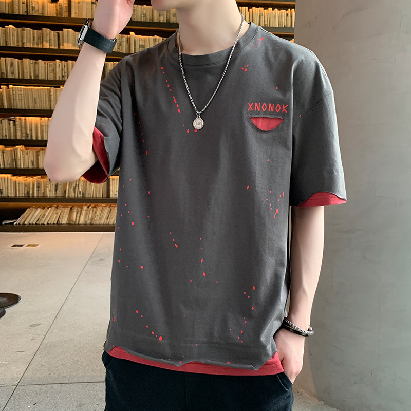 Summer Instagram Hong Kong style refreshing men's outfit Fake two short-sleeved T-shirts, trendy and trendy brand perforated ink-wash loose T-shirts Specification image