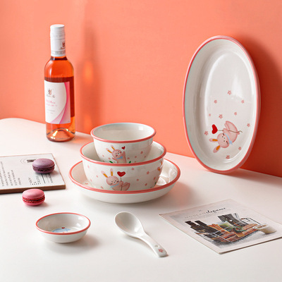 Ceramic cute animal children's cartoon popular tableware bowl and plate set, breakfast rice bowl and plate, rice soup and noodle bowl, household Application Scenario