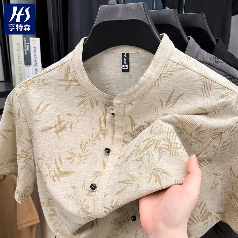 Cross-border cotton and linen shirt men 2025 Summer New style Middle-aged Dad short-sleeved casual floral men's shirt wholesale