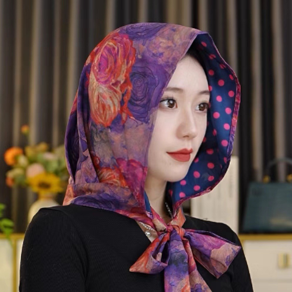 The imitation Xiangyunsha silk scarf hat, sun protection flower lily satin, women's travel headscarf, sun hat, ribbon and casual headscarf are all versatile details Picture