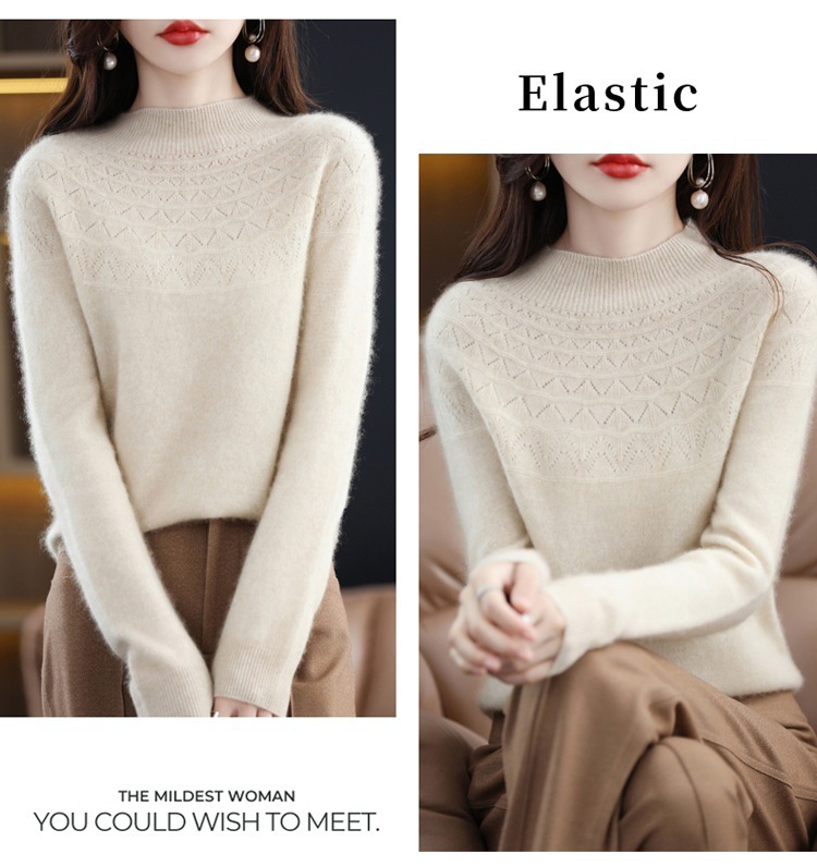 Autumn and winter semi-high neck hollowed-out 100 wool one-line seamless wool sweater, jacquard fashionable pullover sweater base layer pic 15
