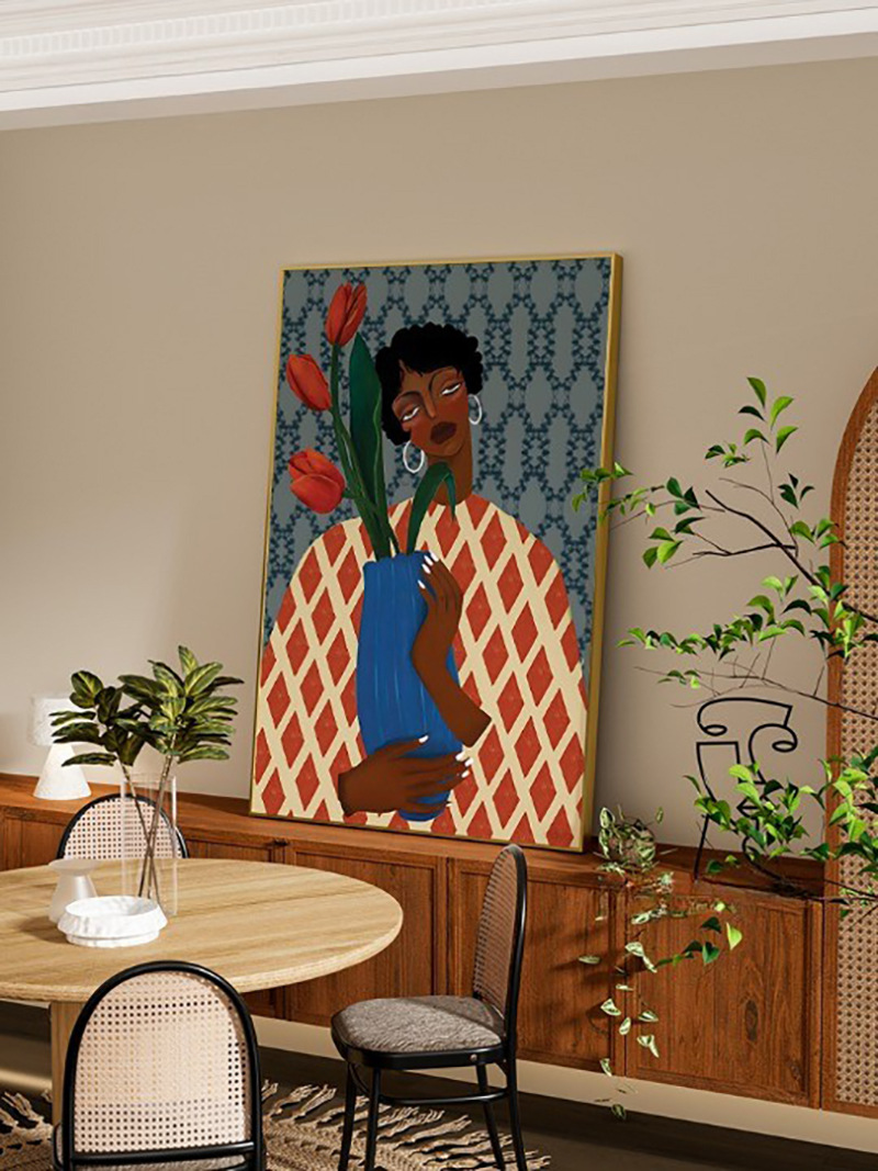 Modern, simple, American retro figure, high-end sense, living room, study, entrance hall decorative painting, bedroom mural, vertical hanging painting Application Scenario