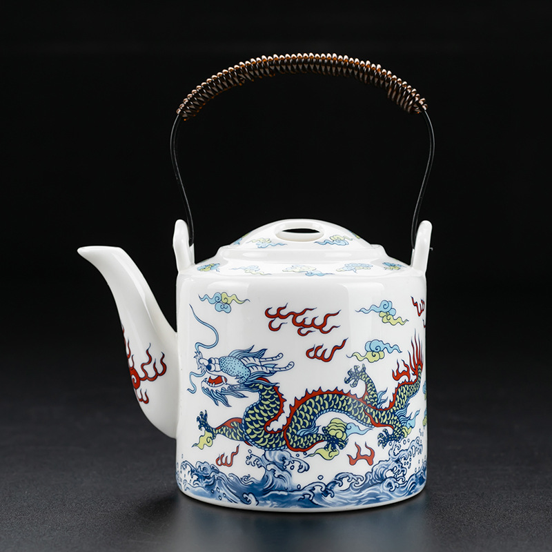 白瓷龙腾提梁壶防烫家用泡茶壶大容量水壶陶瓷功夫茶具单杯子单壶