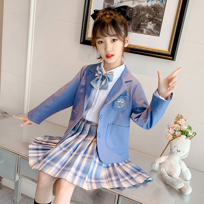 2022 Spring and Autumn New stylish Children's suit plaid skirt set, a three-piece set for little girls Specification image