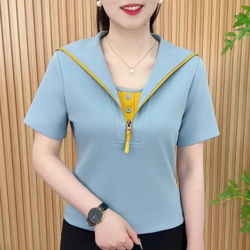 2025年夏季恤短袖上衣女纯色假两件拉链时尚百搭遮肉显瘦妈妈装