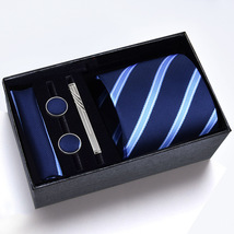 礼盒装】男士领带方巾袖扣领带夹五件套装 LOGO正装商务蓝色条纹