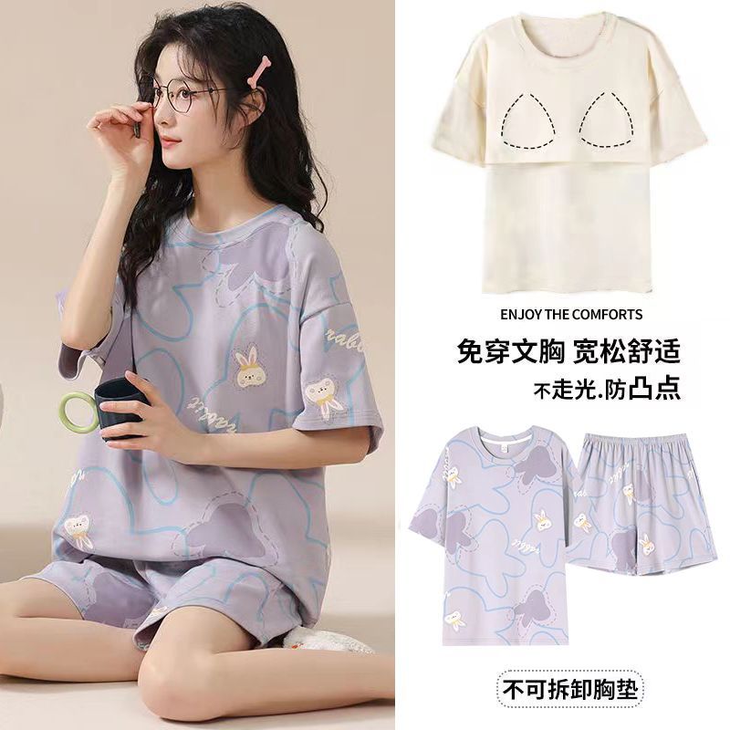 100%纯棉睡衣女夏季带胸垫短袖短裤七分裤薄款可外穿两件套装家居