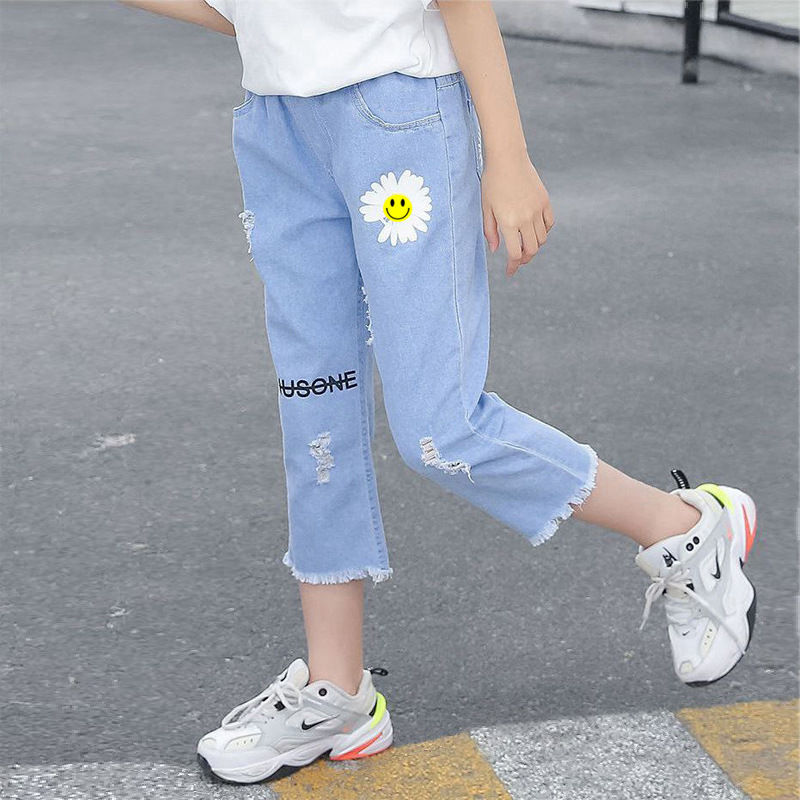 女童七分牛仔裤夏装棉质儿童装薄款宽松夏款裤子夏季女孩洋气中裤