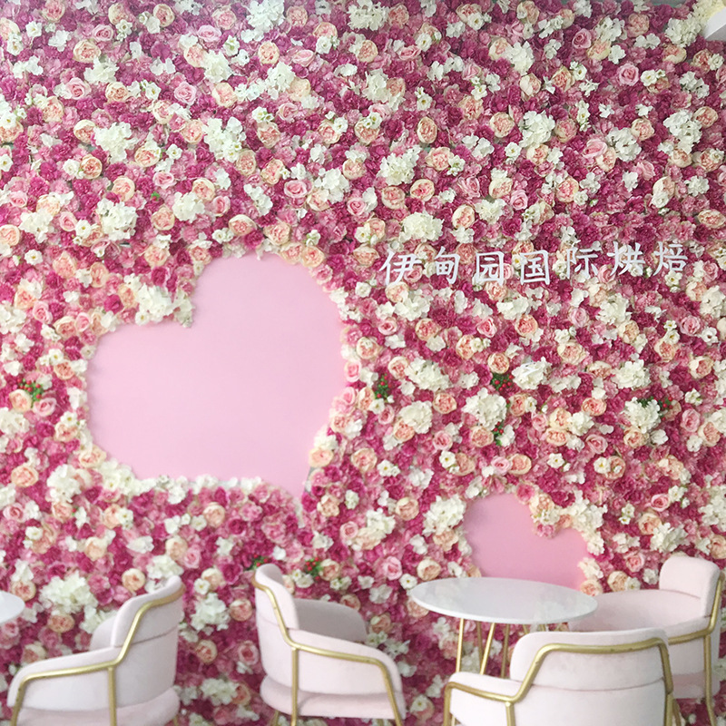 Artificial flower wall, rose background wall, artificial artificial rose flowers, green plant decoration, wedding floral art plant wall details Picture