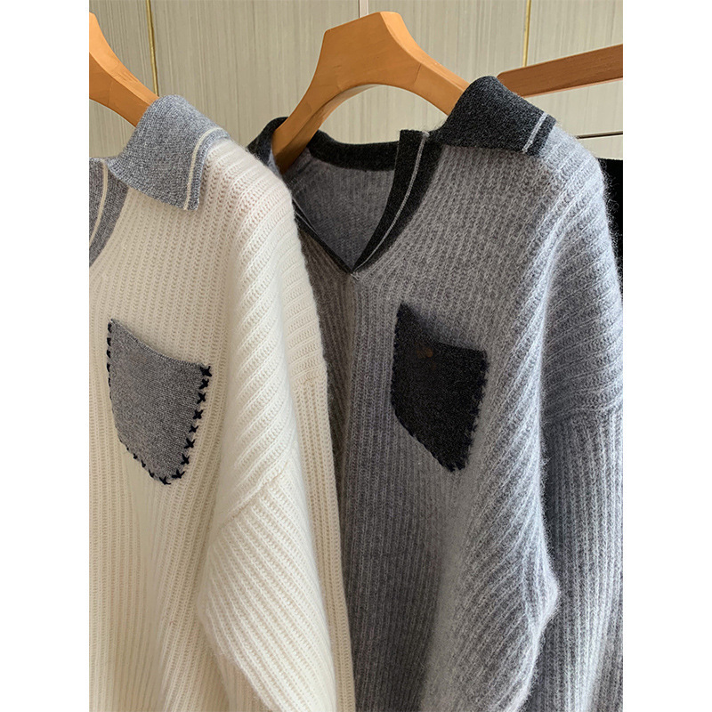 New Explosive Polo Neck Sweater Women's European High-Grade V-Neck Knitwear Women's Autumn And Winter Lazy Wind Top 1 Specification drawing