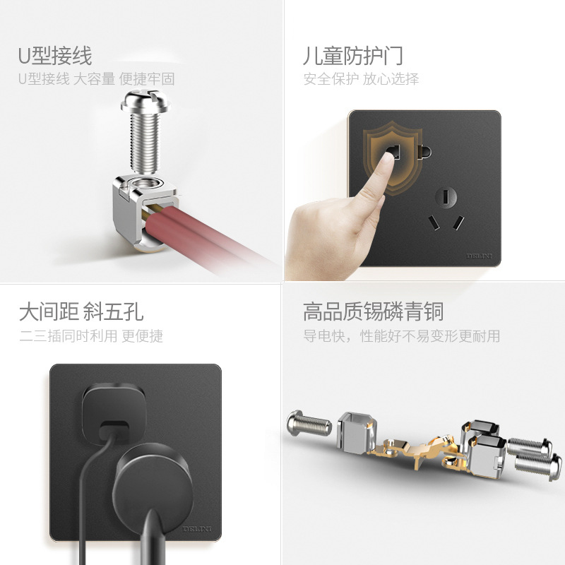 Delixi switch Socket 86 type panel socket switch five-hole usb socket Multi-hole air conditioner socket Black 821 Specification image