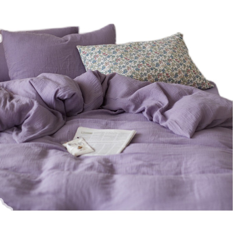 Lavender Purple Cotton Yarn Pure Cotton Four-Piece Soft Gauze Pleated Special Cotton Plain Bed Without Sensitivity Can Sleep Naked Item Picture