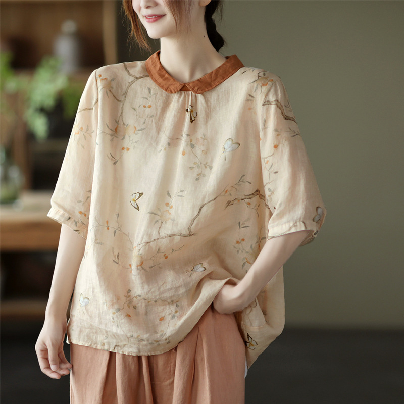 Artistic and retro loose doll collar mid-sleeve printed ramie shirt pullover cotton and linen top women's summer linen shirt details Picture