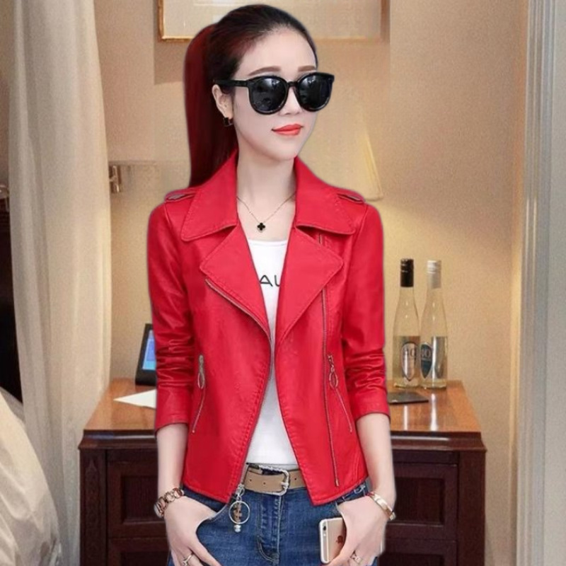 The 2024 Spring and Autumn new Korean-style slimming and form-fitting motorcycle leather jacket, short coat, and women's leather jacket details Picture