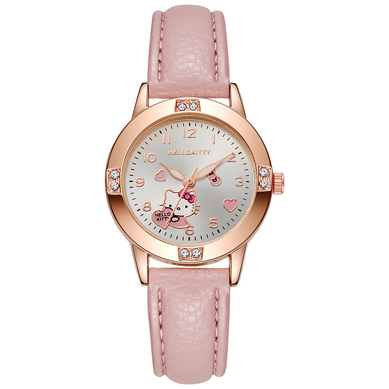 Rose gold diamond-encrusted leather strap watch for middle school girls, Sanrio quartz watch, cross-border wholesale supply, elegant