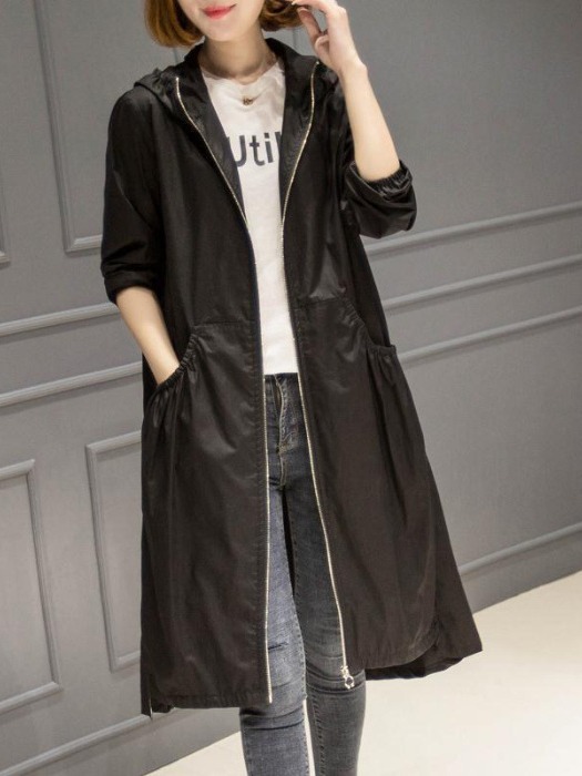 2024 Autumn New Hooded Mid-Length Over The Knee Thin Spring Women's Trench Coat Loose Large Size Coat details Picture