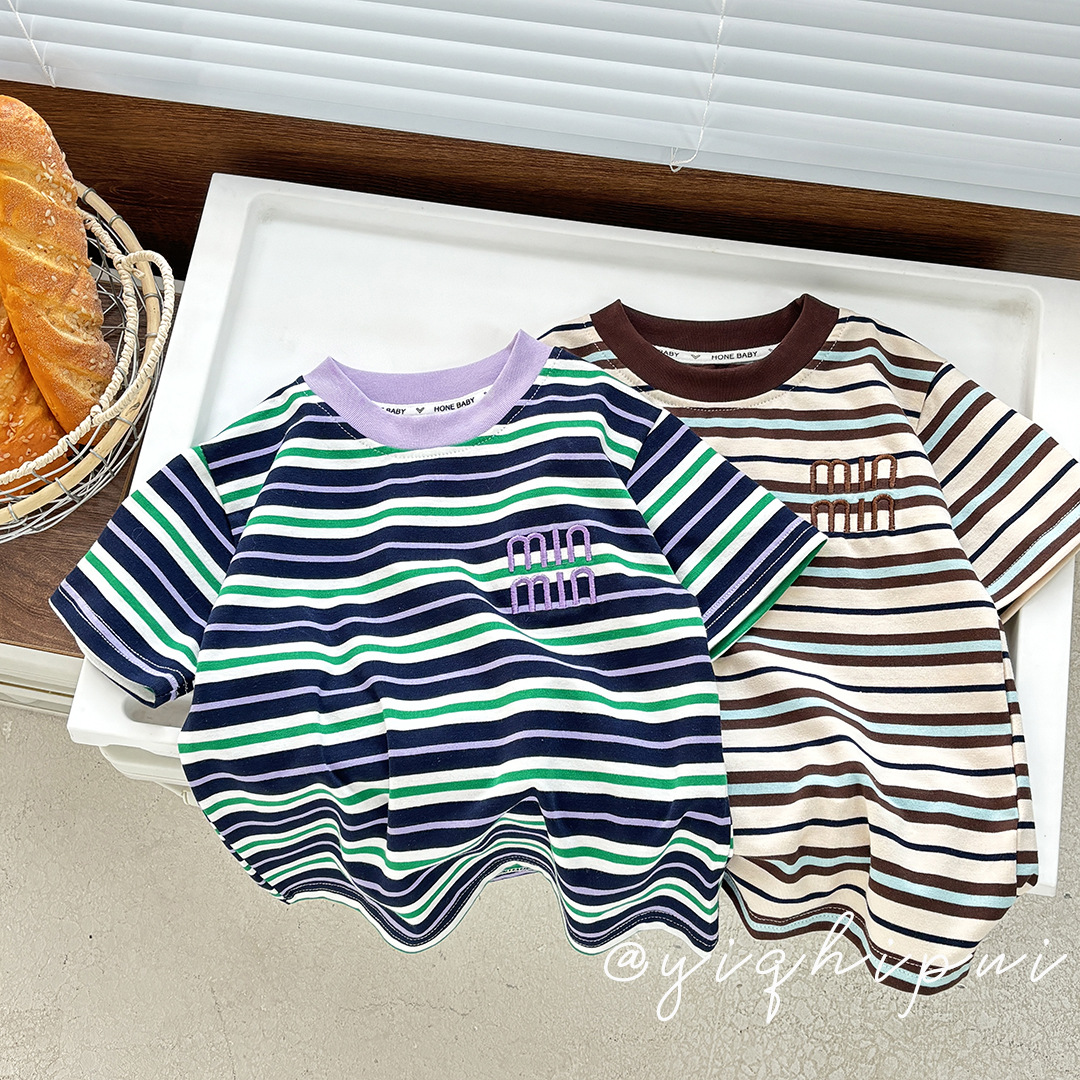 Summer new striped versatile short-sleeved trendy children's casual T-shirts for boys and girls