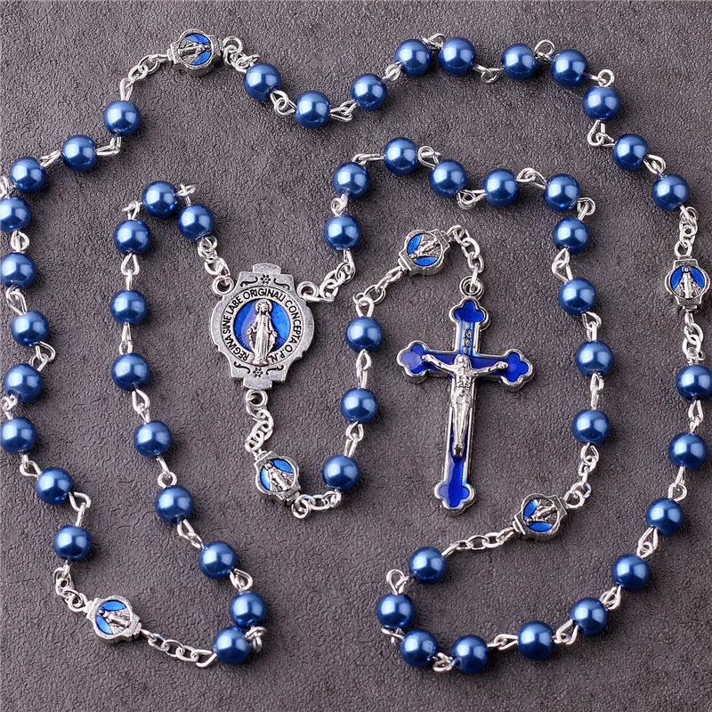 Cross-border Cross Necklace, retro royal blue alloy cross pendant Rosary Beads necklace Specification image