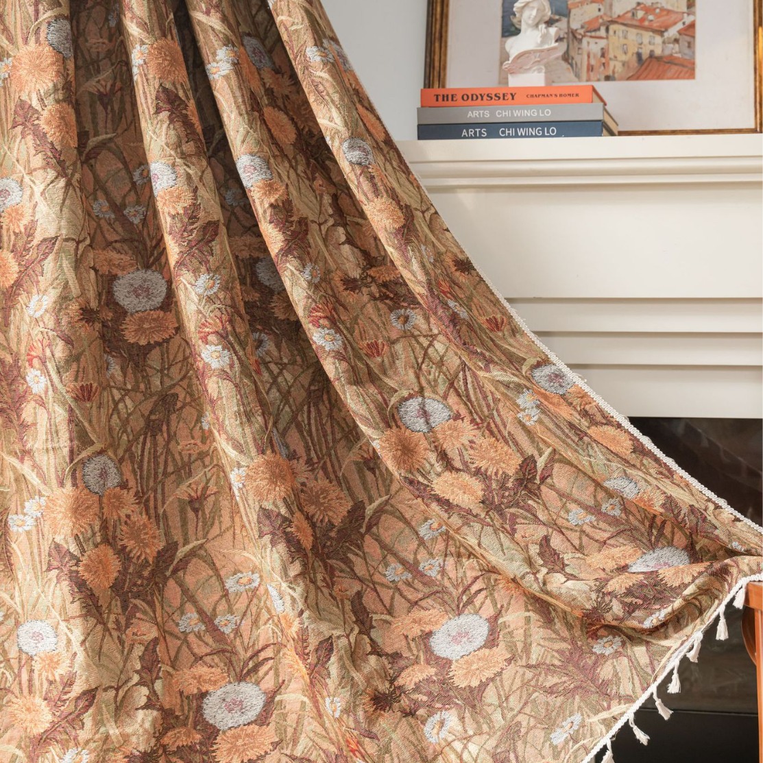 Wholesale French finished curtains in stock, orange dandelion jacquard fully blackout and heat-insulating curtains for living rooms and bedrooms