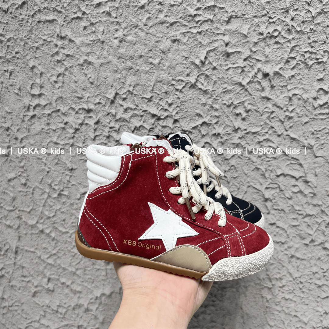 2025秋款韩版童鞋潮牌真皮中大男女童高帮星星复古德训运动休闲鞋