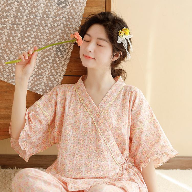 Pajamas Women Summer Cotton Double Gauze Women Kimono Japanese Style Seven Quarter Sleeve Trousers Home Wear In Stock Specification drawing