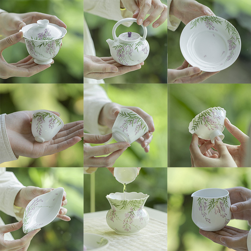 墨己玉泥云饶紫藤手绘功夫茶具陶瓷盖碗茶壶茶杯壶承茶道配件合集
