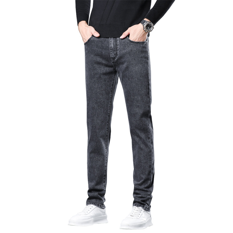 Summer new men's jeans, Korean-style slim-fit small straight leg mid-waist stretch black comfortable soft fit men's pants Item Picture