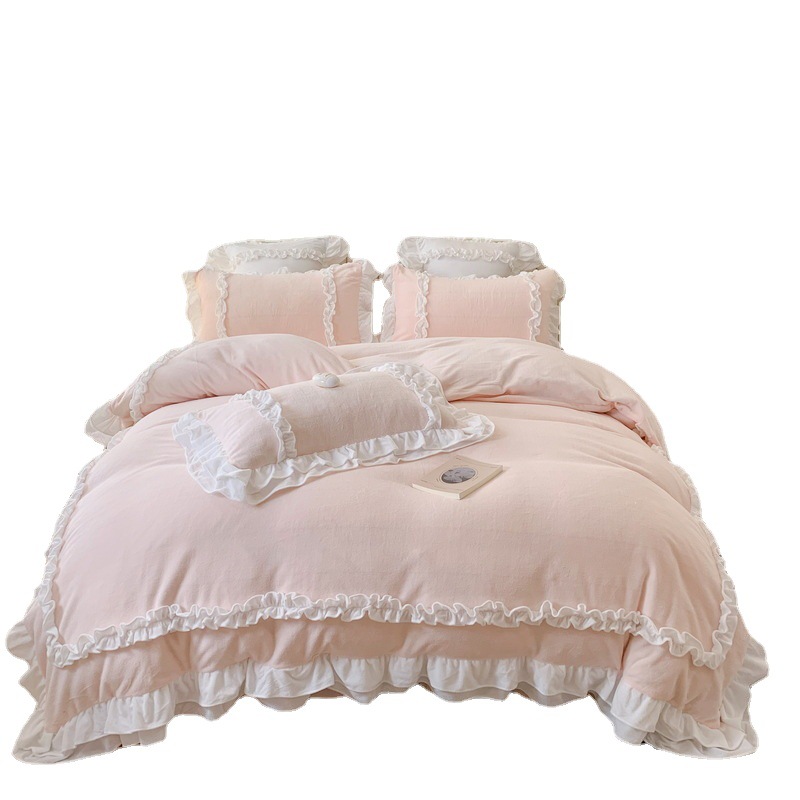 Four-Piece Winter Flannel Duvet Set Bed Sheet Headwear Double Sided Fleece Korean Princess Lolita Milk Fleece Bed Item Picture