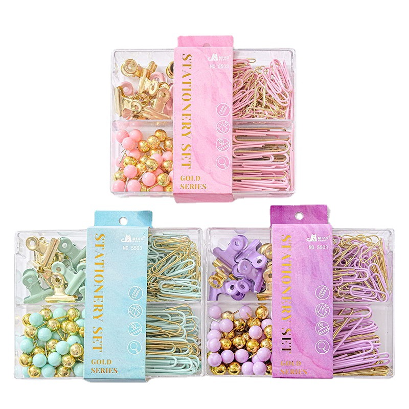 Wholesale macaron-colored paper clips of various sizes, cultural and creative office sets, mixed gold thumbtacks, ticket holders, binding and storage stationery Item Picture