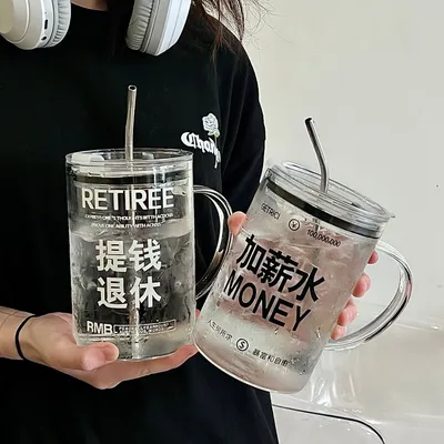 1000Ml Large Capacity Graduated Glass High Borosilicate High Temperature Table Top Drinking Cup With Straw Handle Mug