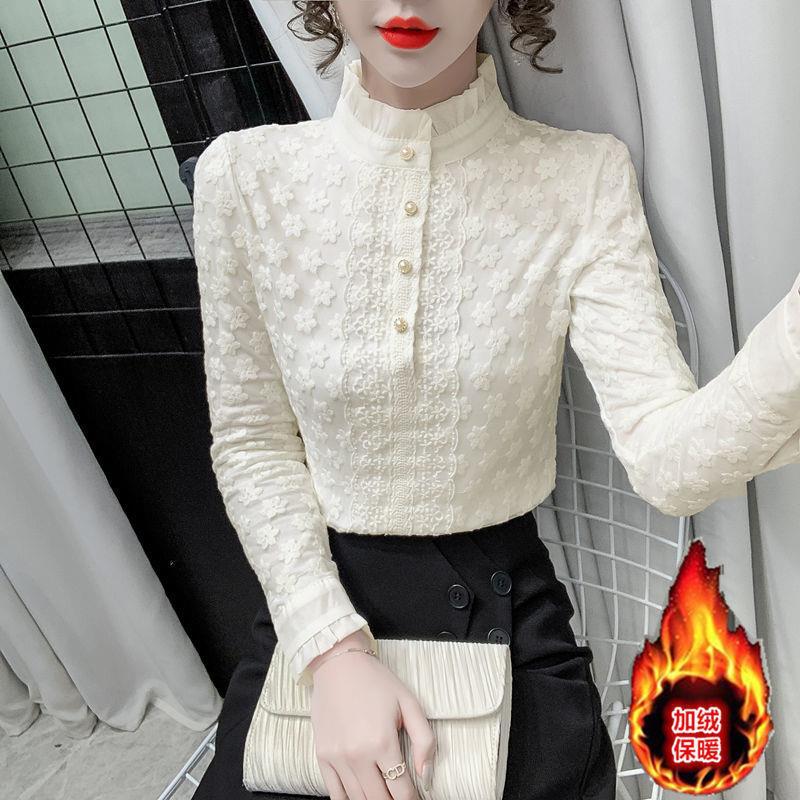 A high-end lace base layer shirt with added fleece and thickening for women in 2022, a stylish long-sleeved, warm and versatile top Specification image