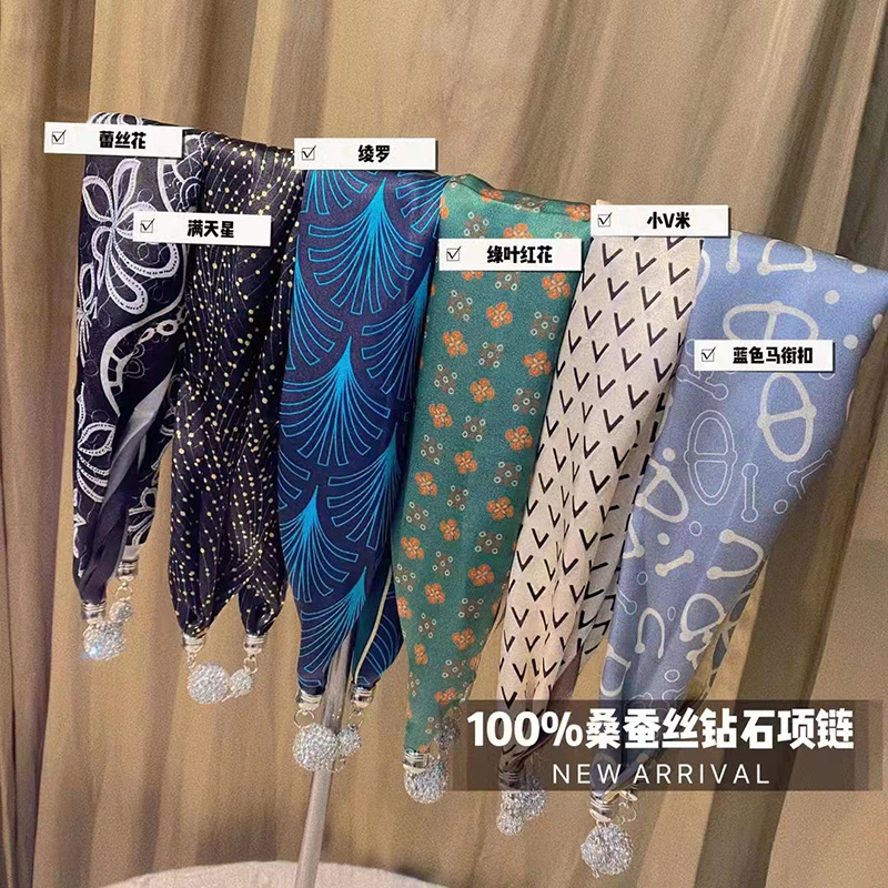 真丝领巾磁扣小丝巾/桑蚕丝百搭锁骨丝巾/钻石项链细节图