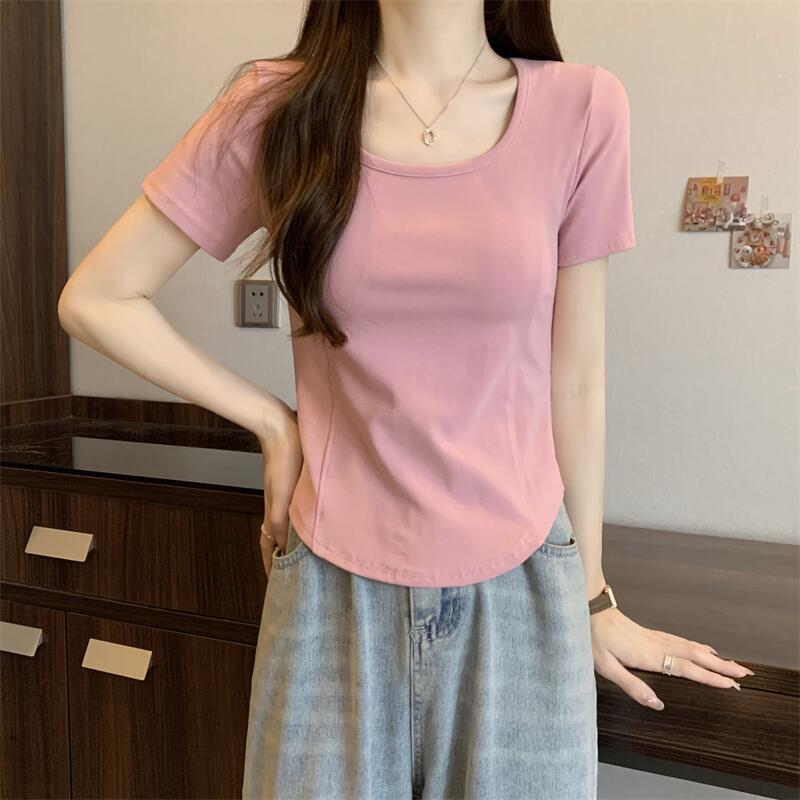 Square Collar Fishbone Short Sleeve T-Shirt Women's Wear South Korea 2024 Summer Slimming Short Spice Collarbone Is Shoulder Clothes Application Scenario