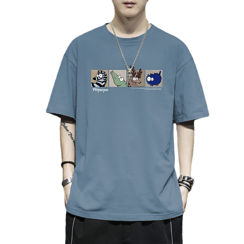 A heavyweight pure cotton short-sleeved T-shirt for men's 2022 new summer cartoon print trendy brand men's half-sleeved shirt top Item Picture