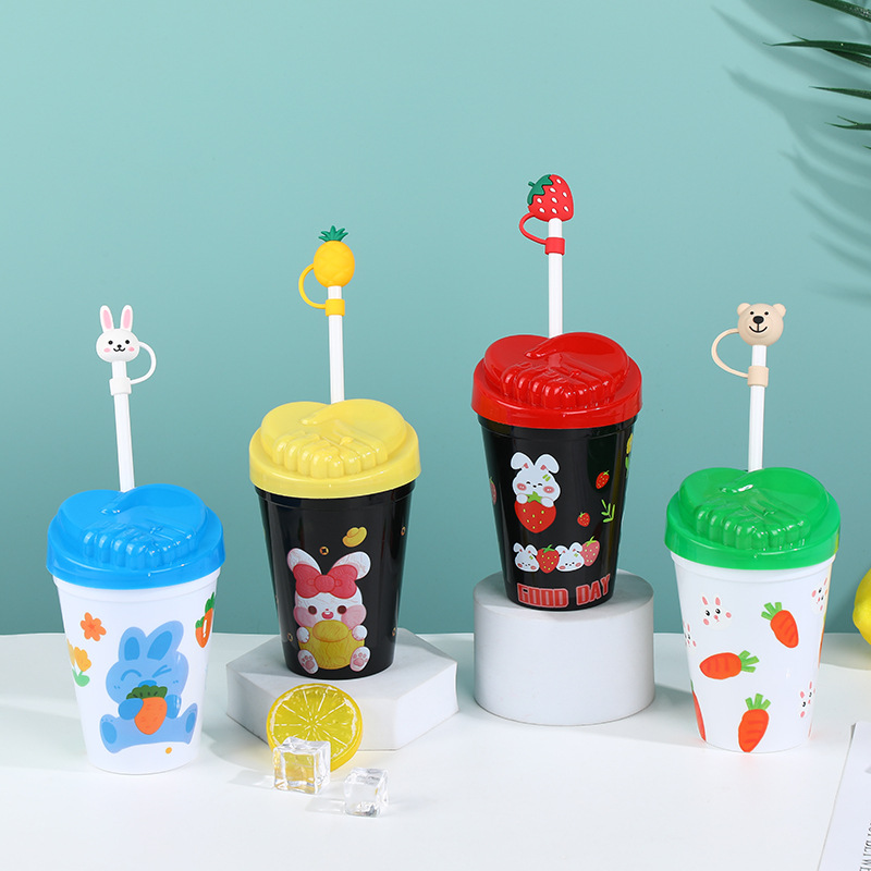Wholesale Plastic Cup Pp Plastic Straw Cup Children's Cartoon Cup Rabbit Radish Pattern Cup Cross-Border Specification drawing