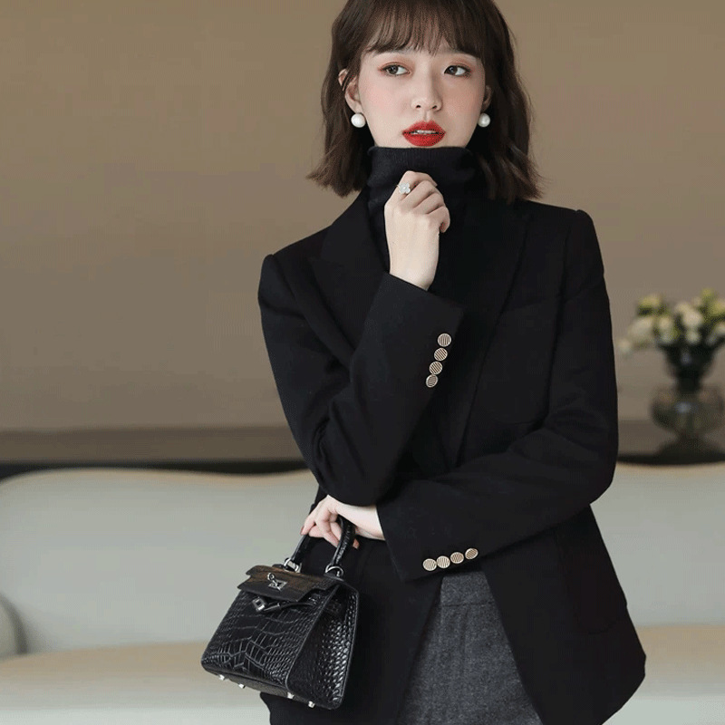 Negro slim lana traje abrigo mujer 2022 nueva moda temperamento un grano hebilla workplace slim traje top