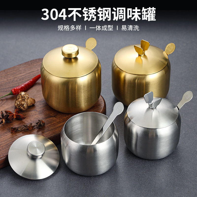 Korean-style 304 stainless steel seasoning bottle and jar, kitchen chili sauce jar, salt jar with spoon, seasoning box, creative golden jar thumbnail