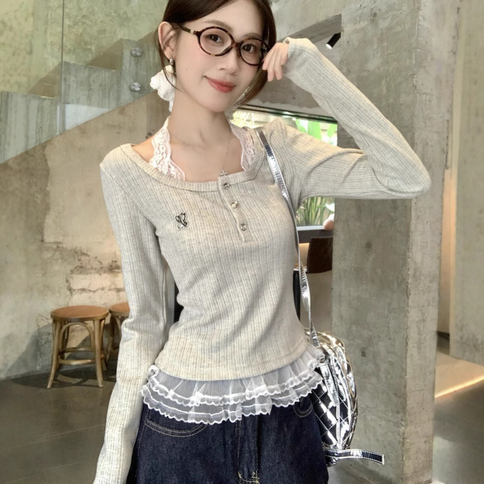 假两件芭蕾风蕾丝挂脖针织T恤女早秋chic甜辣打底衫内搭短款上衣