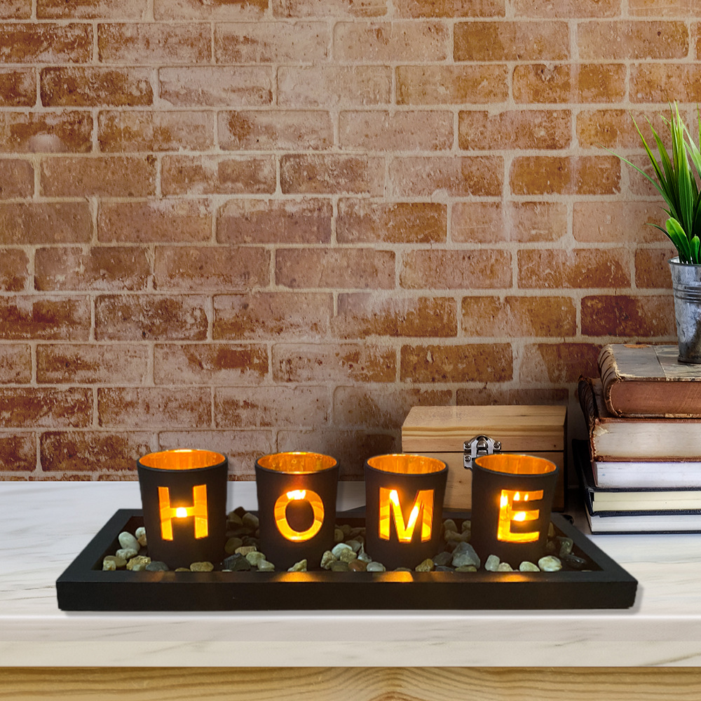 Cross-border black hollowed-out candlestick, wooden letter HOME creative set, candle cup craft decorative item thumbnail