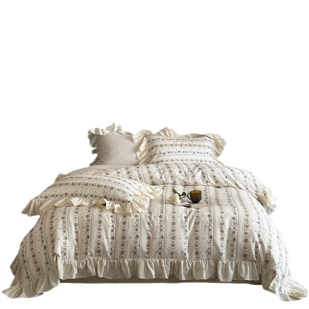 Romantic rose print French retro A Class all-cotton double-layer yarn four-piece set pure cotton retro lace duvet cover bed sheet Item Picture