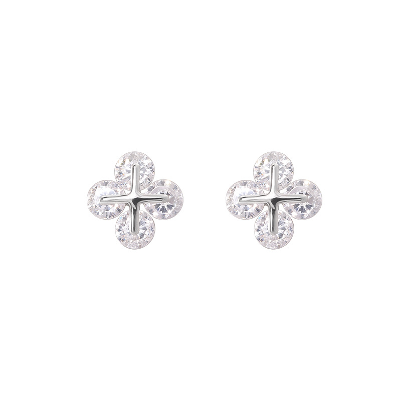 925 sterling silver four-leaf clover Zircon stud earrings for women, simple and niche design, fashionable and individual basic earrings 8937A Item Picture