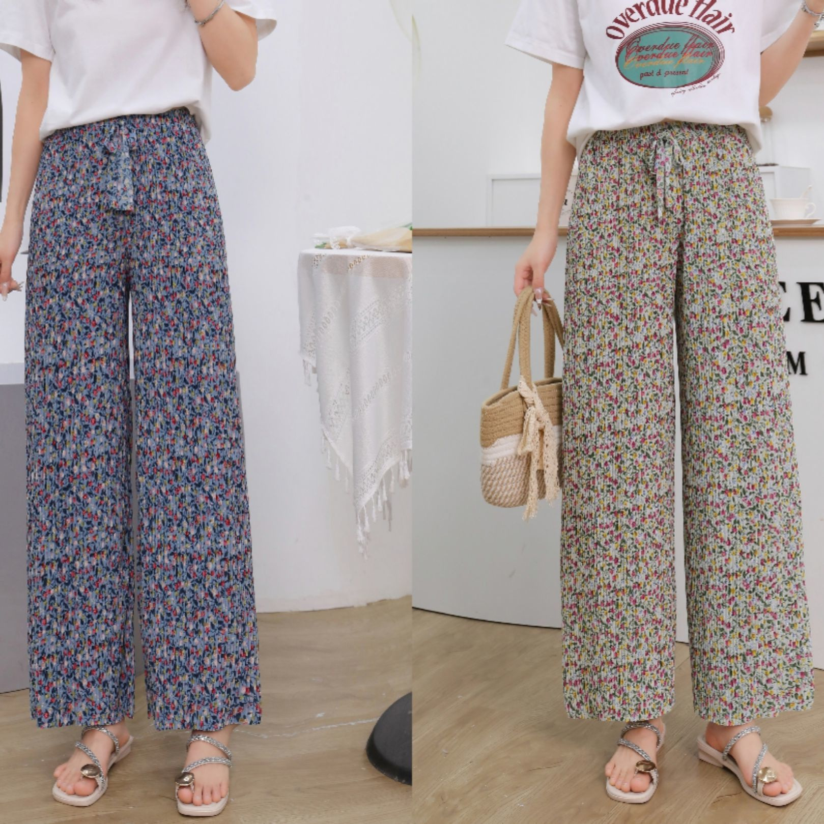 Ice silk pink floral pleated laid-back wide-leg casual sun-protective beach cool pants, summer home stroll casual pants Application Scenario
